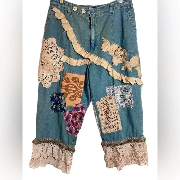 Upcycled Patchwork Bloomers One Size S-L Reworked Boho Hippie Frayed OOAK Unique - Picture 3 of 16